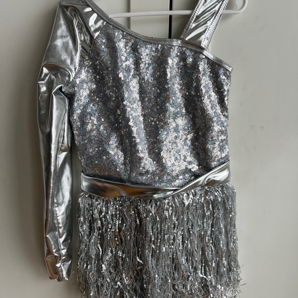 Weissman Silver Sequin Dress with Fringe